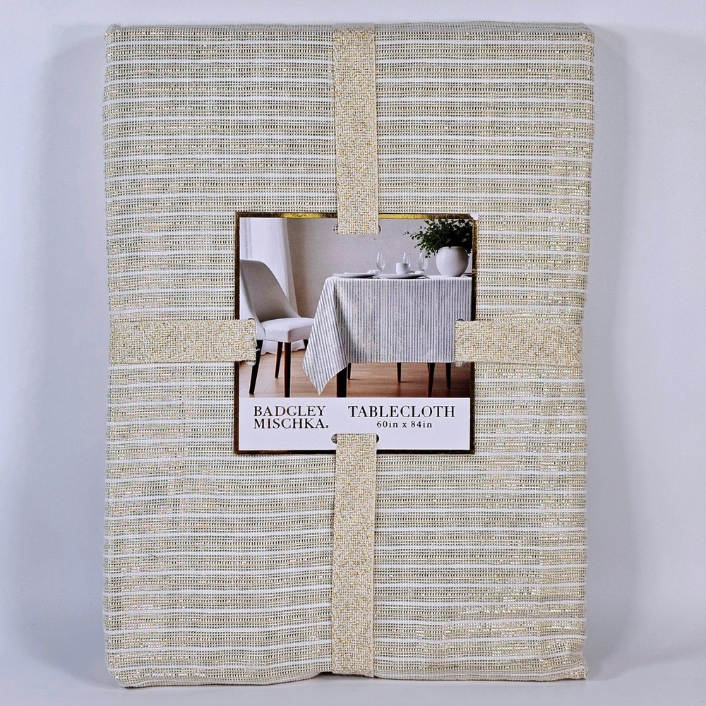 New Badgley Mischka Tablecloth 60x84 Rectangular Gold Ivory Metallic Striped